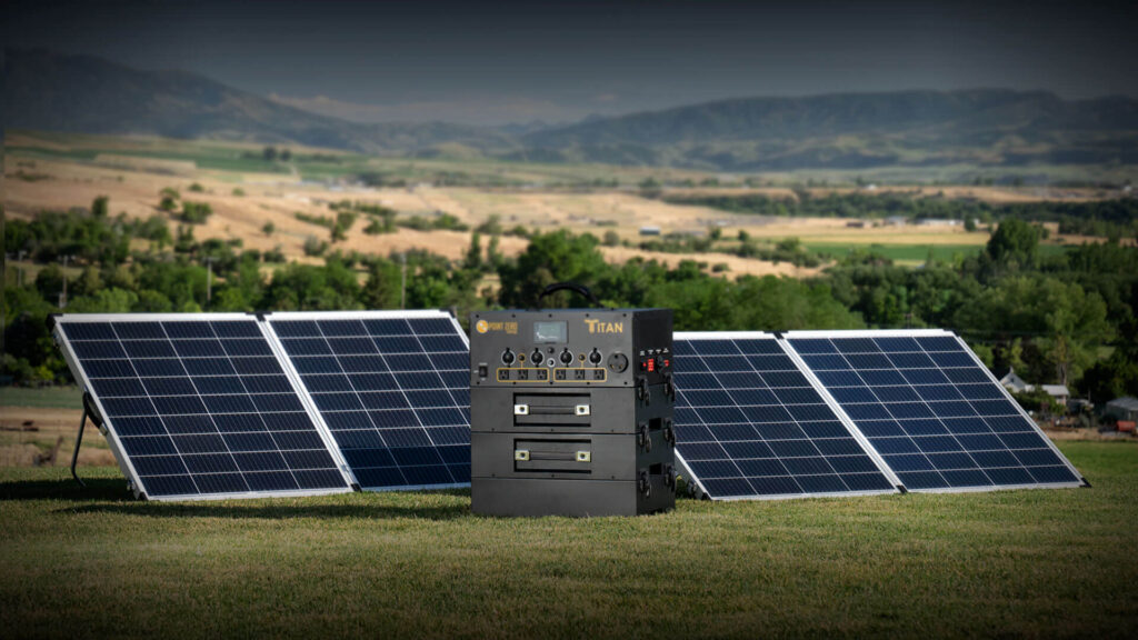 Point Zero Energy's Titan portable solar power station and rigid solar panels in a backyard on a bright summer day.