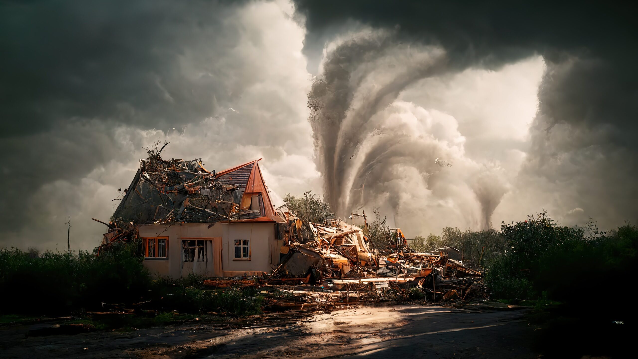 Destroyed house from natural disaster, tornado in the middle of a green field