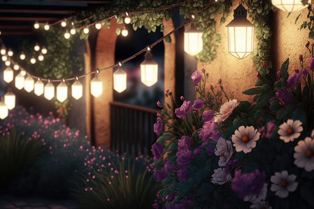Romantic string light garlands powered by portable solar in a backyard to create a cozy evening in flower garden.